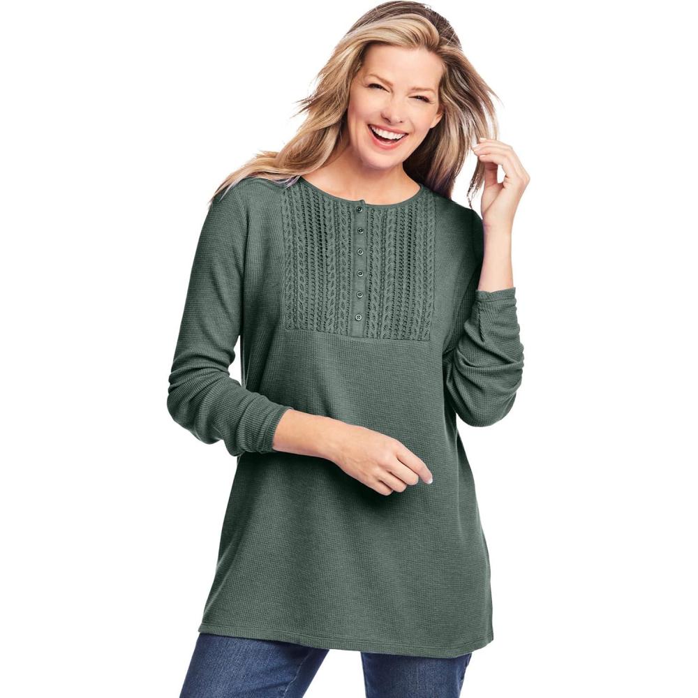 image:imageWoman Within Plus Size Waffle Thermal Lace Bib Henley TeePine