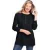 Woman Within Plus Size Waffle Thermal Lace Bib Henley Tee(Black)