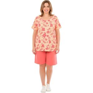 Woman Within Plus Size 2-Piece Knit Tee And Short Set(Coral Texture Hibiscus)