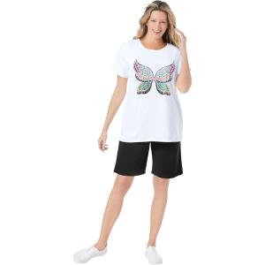 Woman Within Plus Size 2-Piece Knit Tee And Short Set(White Happy Butterfly)