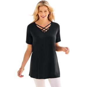 Woman Within Plus Size Criss Cross Tee(Black)