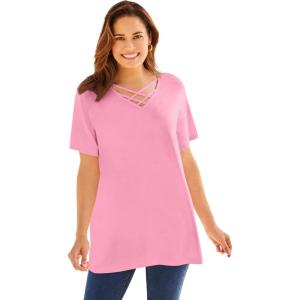 Woman Within Plus Size Criss Cross Tee(Delicate Pink)