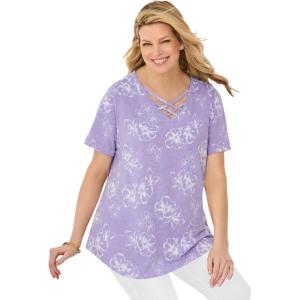 Woman Within Plus Size Criss Cross Tee(Pale Lilac Plumeria)