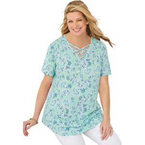 Woman Within Plus Size Criss Cross Tee(Pale Seafoam Paisley)