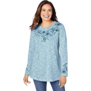 Woman Within Plus Size Floral Embroidered Sweatshirt Tee(Deep Teal Marled Embroidery)