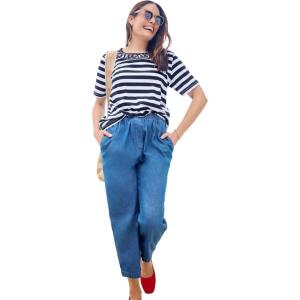 Woman Within Plus Size Lattice Neck Tee(Navy Nautical Stripe)