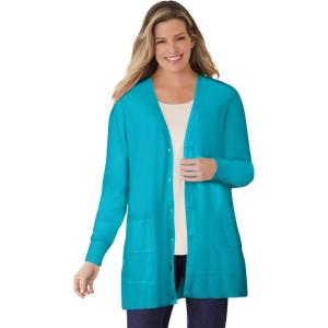 Woman Within Plus Size Perfect Longer-Length Cotton Cardigan Sweater(Pretty Turquoise)