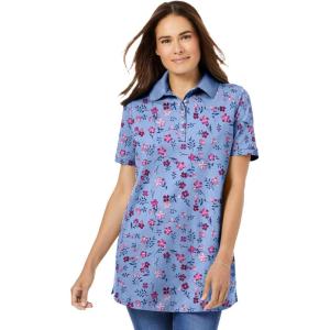 Woman Within Plus Size Perfect Printed Short-Sleeve Polo Shirt(French Blue Pretty Floral)