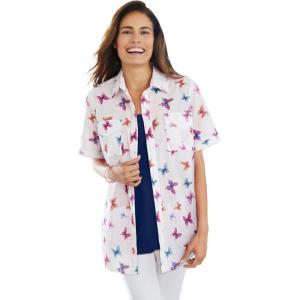 Woman Within Plus Size Relaxed Fit Cotton Camp Shirt(White Butterflies)