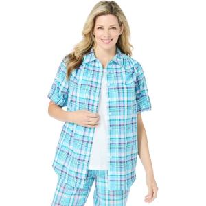 Woman Within Plus Size Short-Sleeve Button-Down Cotton Seersucker Shirt(Paradise Blue Plaid)