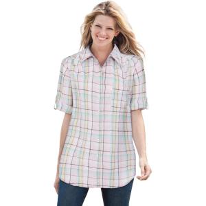 Woman Within Plus Size Short-Sleeve Button-Down Cotton Seersucker Shirt(Pink Plaid)