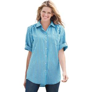 Woman Within Plus Size Short-Sleeve Button-Down Cotton Seersucker Shirt(Vibrant Blue Pop Stripe)