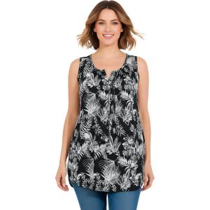 Woman Within Plus Size Sleeveless Pintuck Gauze Shirt(Black Palm Paradise)
