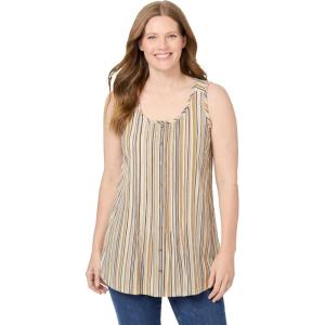Woman Within Plus Size Sleeveless Pintuck Gauze Shirt(Natural Khaki Stripe)