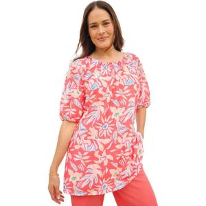 Woman Within Plus Size Blouson Peasant Tunic(Sweet Coral Tropicana)