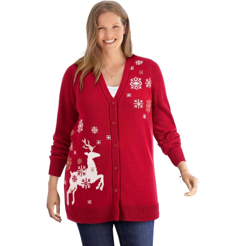 image:imageWoman Within Plus Size Holiday Motif Cardigan SweaterClassic Red Reindeer