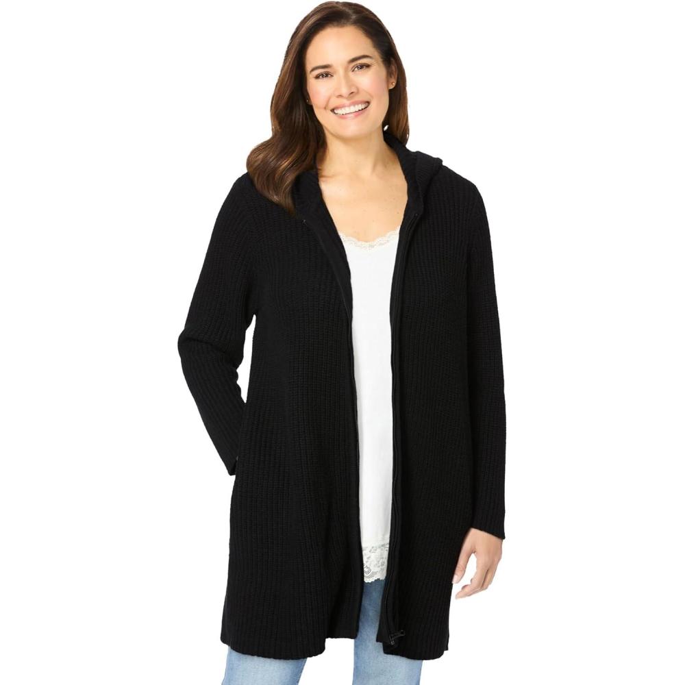 image:imageWoman Within Plus Size Hoodie Shaker Zipper Cardigan SweaterBlack