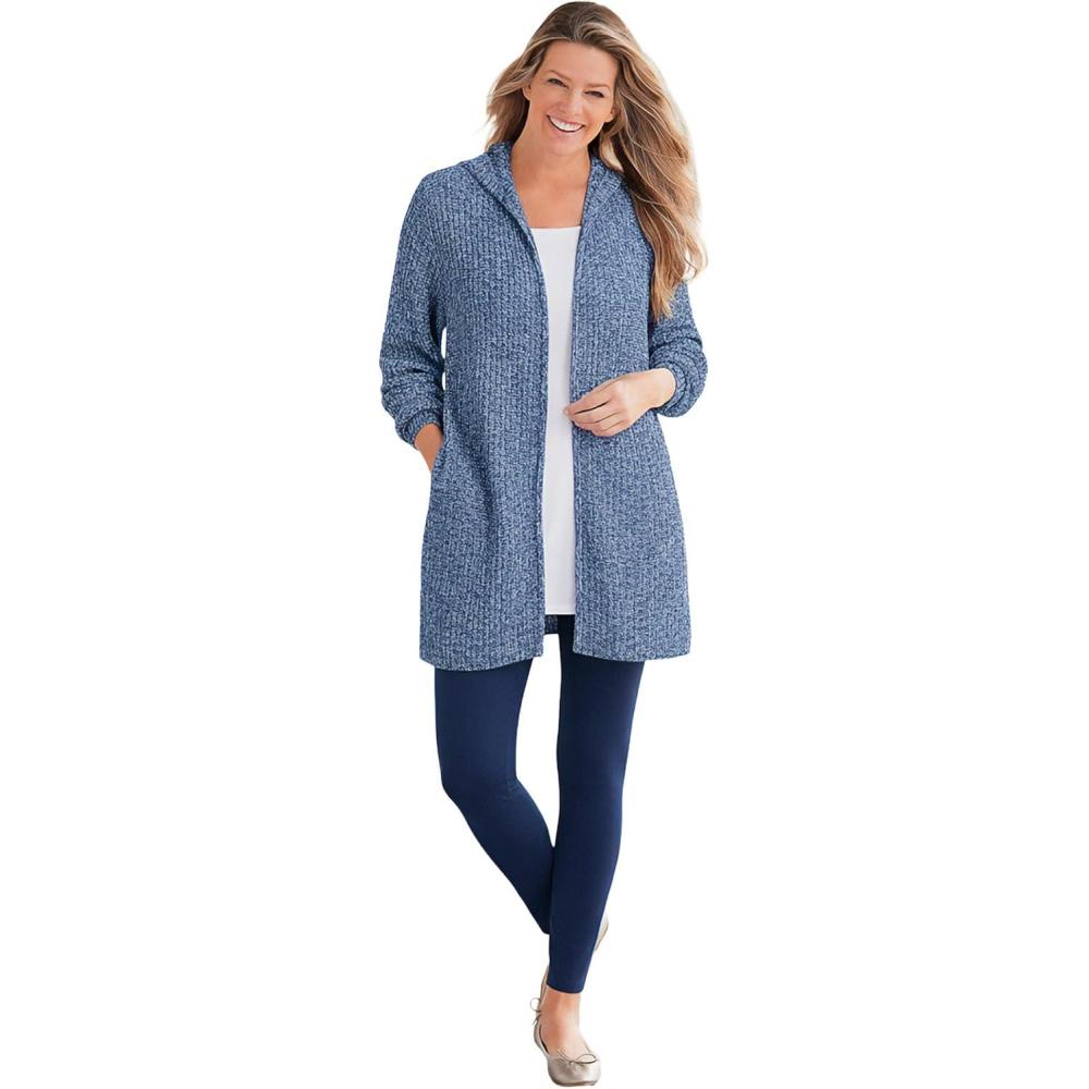 image:imageWoman Within Plus Size Hoodie Shaker Zipper Cardigan SweaterRoyal Navy White Marled