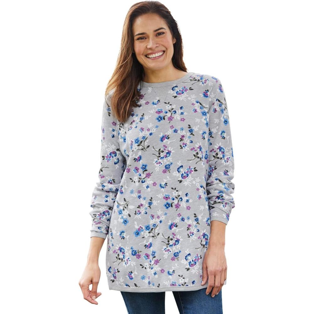 image:imageWoman Within Plus Size LongSleeve Crewneck Soft Waffle Knit Thermal ShirtHeather Grey Multi Delicate Floral