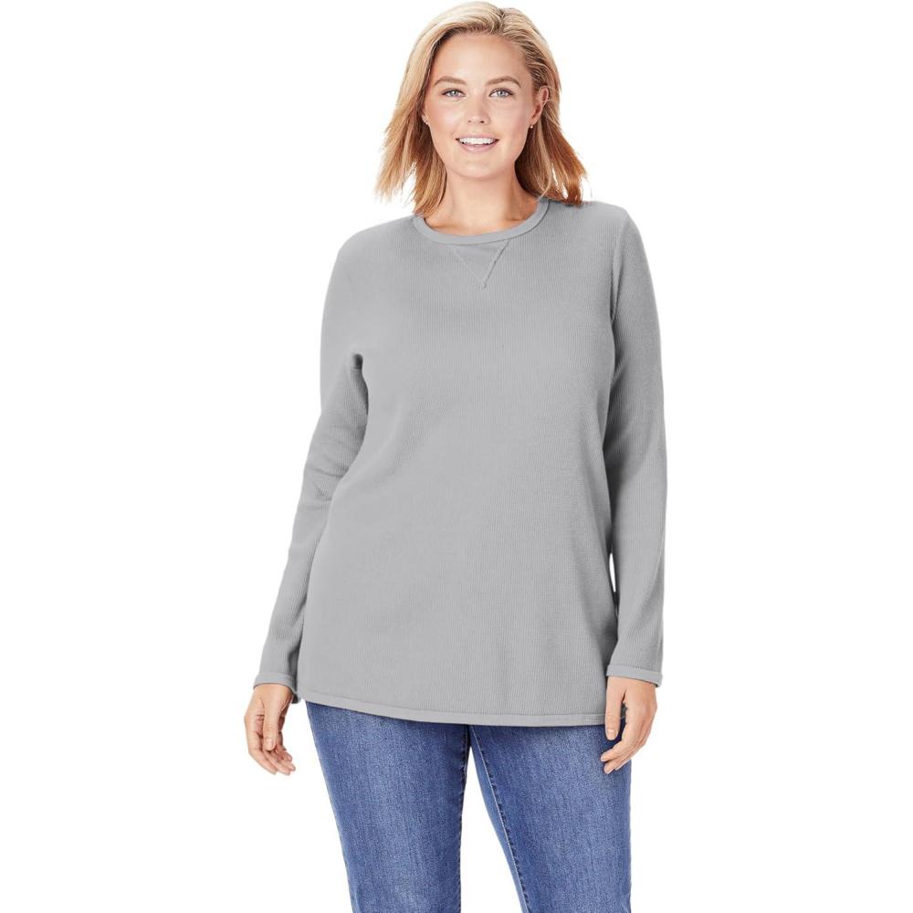 image:imageWoman Within Plus Size LongSleeve Crewneck Soft Waffle Knit Thermal ShirtMedium Heather Grey
