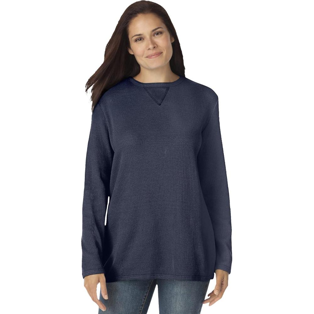 image:imageWoman Within Plus Size LongSleeve Crewneck Soft Waffle Knit Thermal ShirtNavy