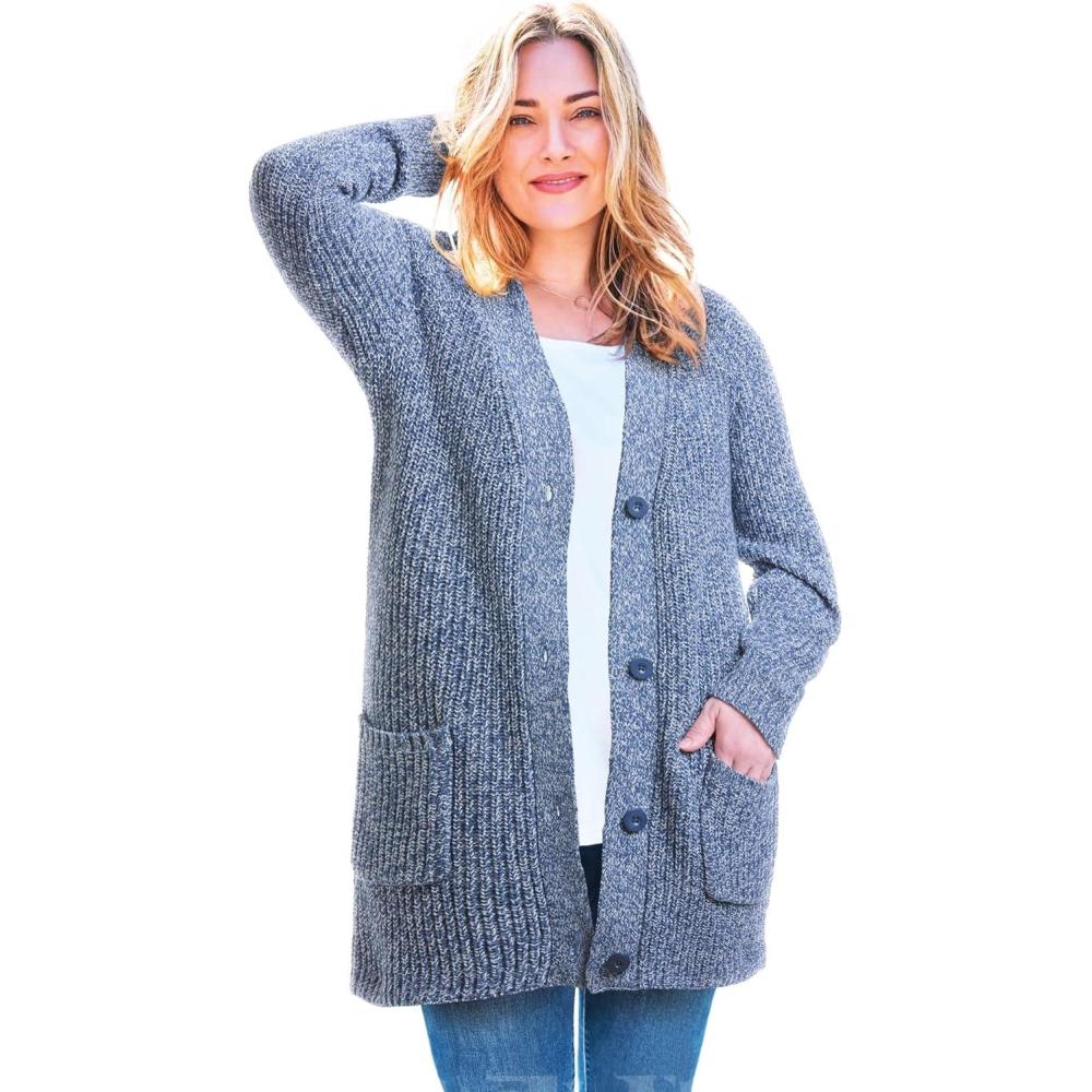 image:imageWoman Within Plus Size Petite Shaker ButtonFront Cardigan SweaterRoyal Navy White Marled
