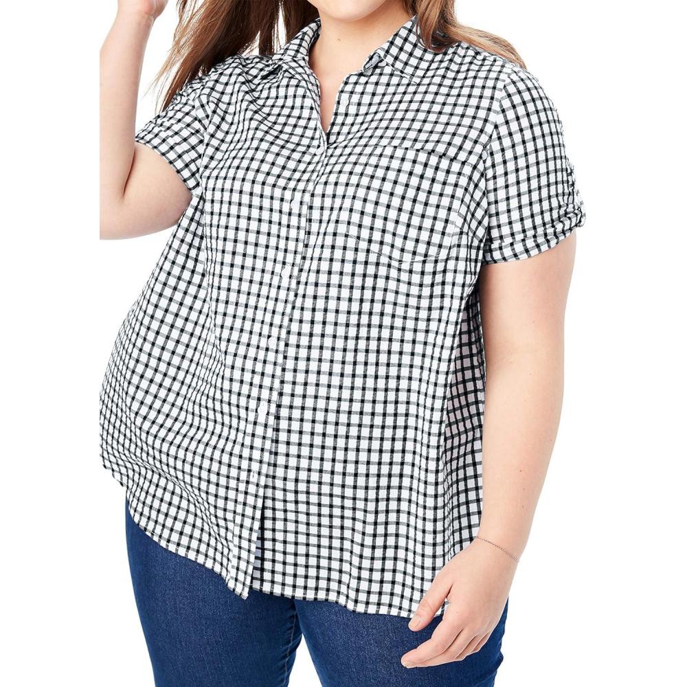 image:imageWoman Within Plus Size Petite ShortSleeve ButtonDown Cotton Seersucker ShirtBlack Gingham