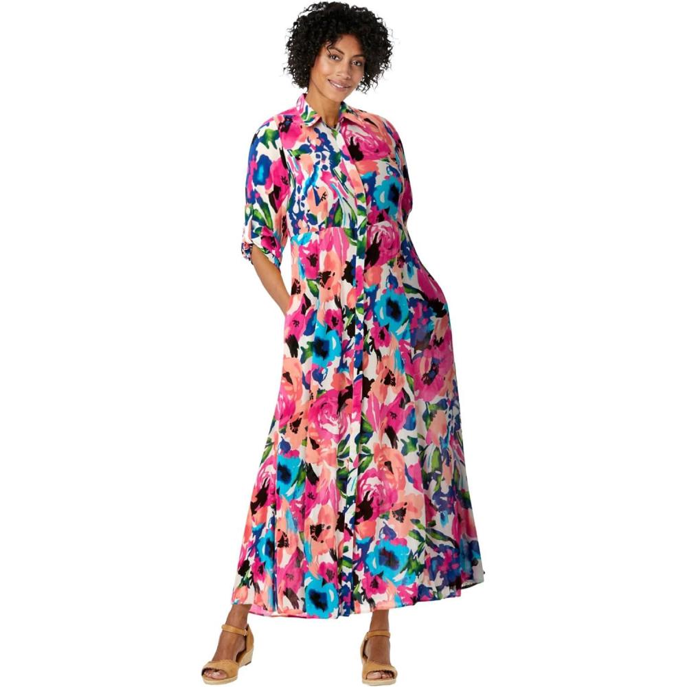 image:imageWoman Within Plus Size RollTab Sleeve Crinkle ShirtdressSweet Coral Bloom