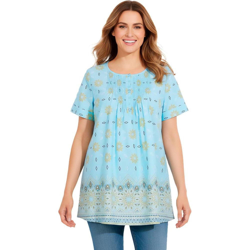 image:imageWoman Within Plus Size ShortSleeve Pintucked Henley TunicSeamist Blue Geo Border