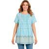 Woman Within Plus Size Short-Sleeve Pintucked Henley Tunic(Seamist Blue Geo Border)