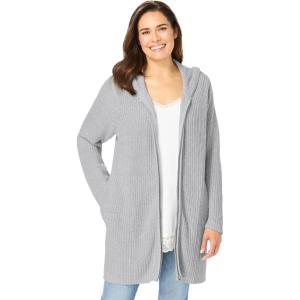 Woman Within Plus Size Hoodie Shaker Zipper Cardigan Sweater(Heather Grey)