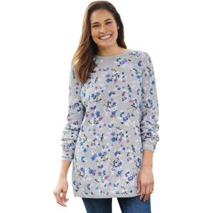 Woman Within Plus Size Long-Sleeve Crewneck Soft Waffle Knit Thermal Shirt(Heather Grey Multi Delicate Floral)