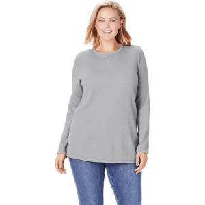 Woman Within Plus Size Long-Sleeve Crewneck Soft Waffle Knit Thermal Shirt(Medium Heather Grey)