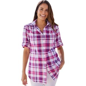 Woman Within Plus Size Petite Short-Sleeve Button-Down Cotton Seersucker Shirt(Raspberry Sorbet Camp Plaid)