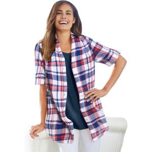 Woman Within Plus Size Petite Short-Sleeve Button-Down Cotton Seersucker Shirt(Red White Blue Plaid)