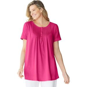 Woman Within Plus Size Short-Sleeve Pintucked Henley Tunic(Raspberry Sorbet)