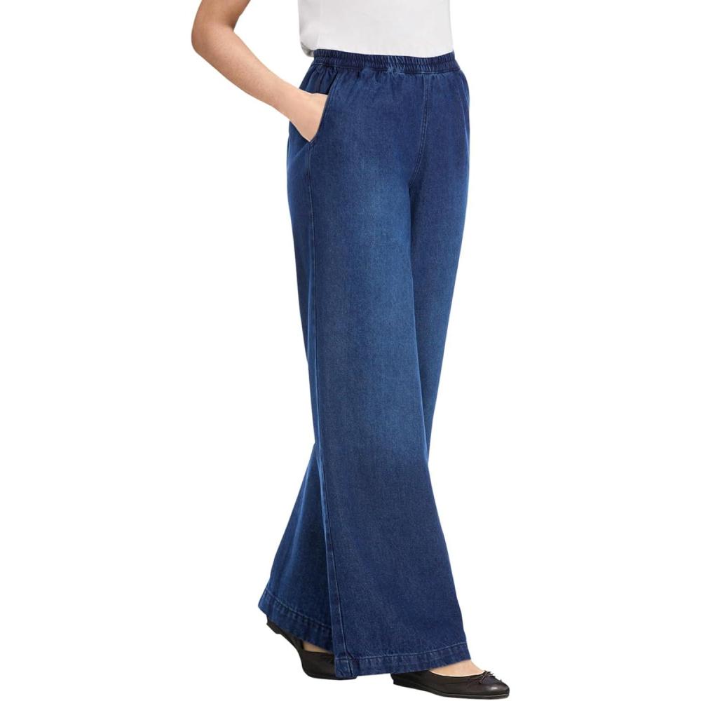 image:imageWoman Within Plus Size Perfect ElasticWaist WideLeg AllCotton PullOn Denim JeansStonewash Sanded