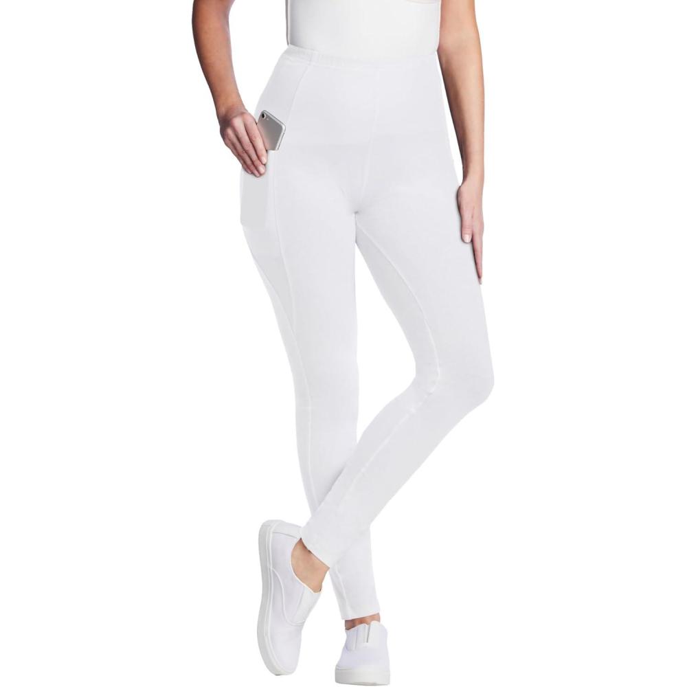 image:imageWoman Within Plus Size Tall Side Pocket AnkleLength PullOn Stretch Knit Cotton Spandex LeggingsWhite