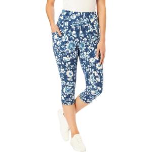 Woman Within Plus Size Stretch-Cotton Knit Pull-On Printed Pocket Capri Leggings(Navy Batik Sunflower)