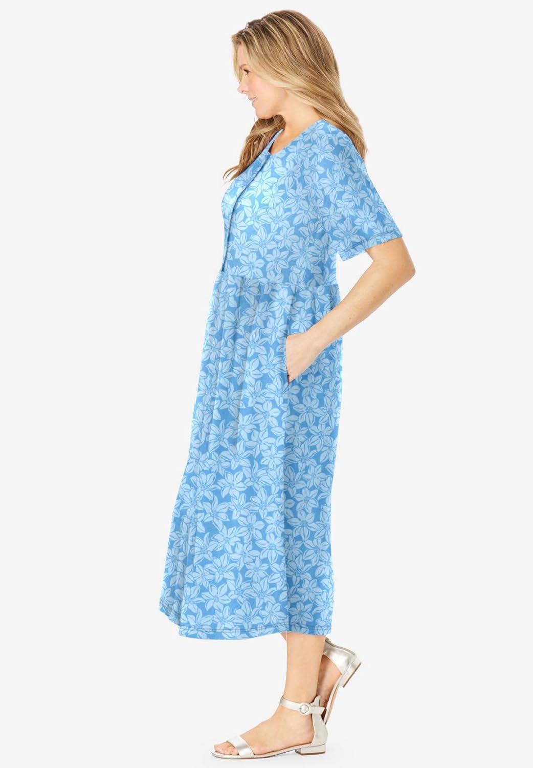 image:imageWoman Within Womens Plus Size ButtonFront Essential Dress  L Paradise Blue Pretty Blossom Multicolored