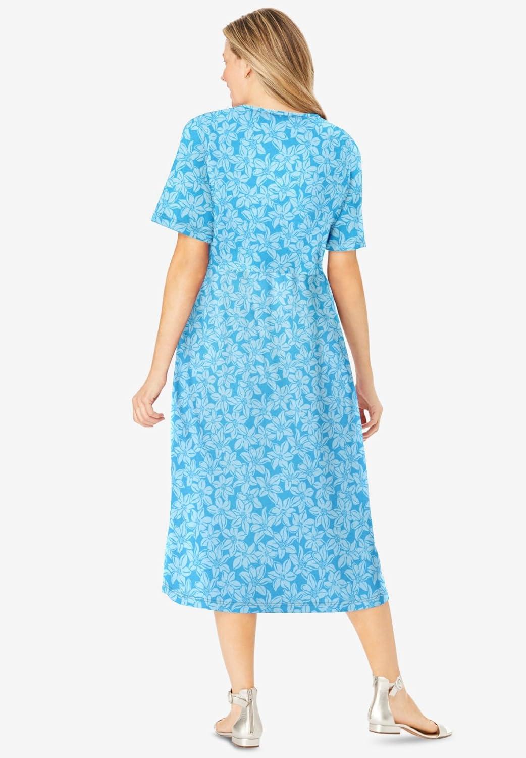 image:imageWoman Within Womens Plus Size ButtonFront Essential Dress  L Paradise Blue Pretty Blossom Multicolored