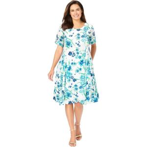 Woman Within Plus Size Short Crinkle Dress(White Blue Floral)