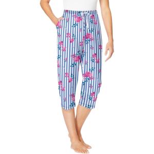 Dreams & Co. Plus Size Knit Sleep Capri(French Blue Floral Stripe)