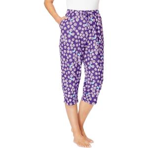 Dreams & Co. Plus Size Knit Sleep Capri(Plum Burst Daisy Butterfly)