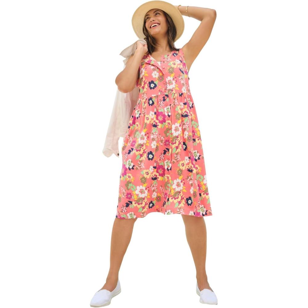 image:imageWoman Within Plus Size ButtonFront Empire Sleeveless Knit DressSweet Coral Multi Garden