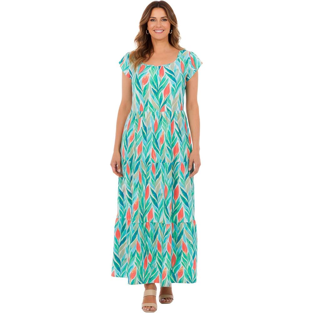 image:imageWoman Within Plus Size Texture Knit Tiered Flutter Sleeve Maxi DressIvory Tulip Watercolor