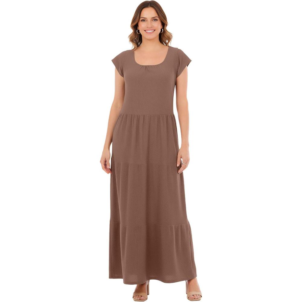 image:imageWoman Within Plus Size Texture Knit Tiered Flutter Sleeve Maxi DressMocha Nude