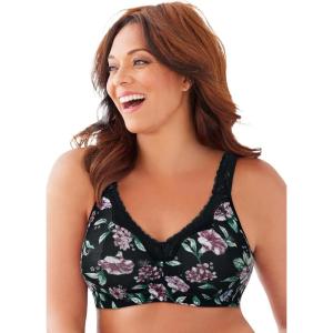 Catherines Women’s Plus Size Cotton Comfort Wireless Bra(Black Multi Blossom)