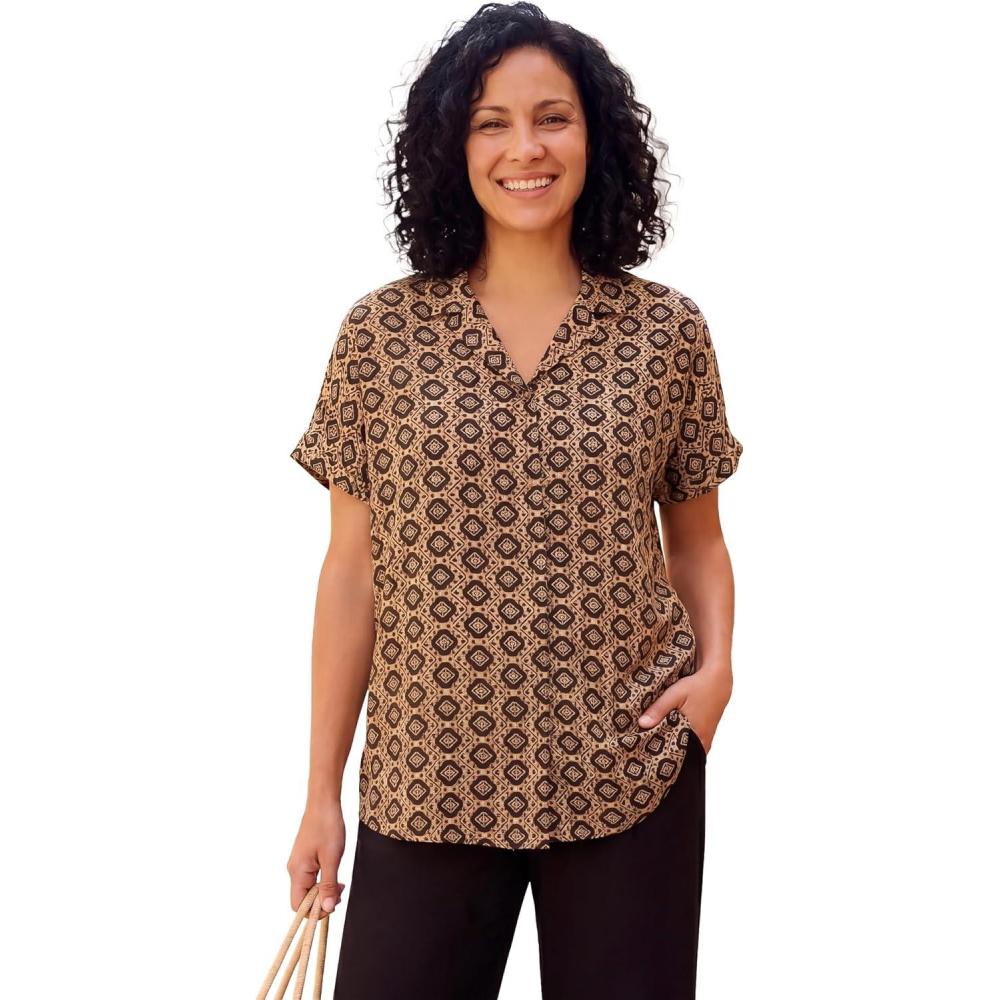 image:imageWoman Within Plus Size Relaxed CampshirtNew Khaki Geo