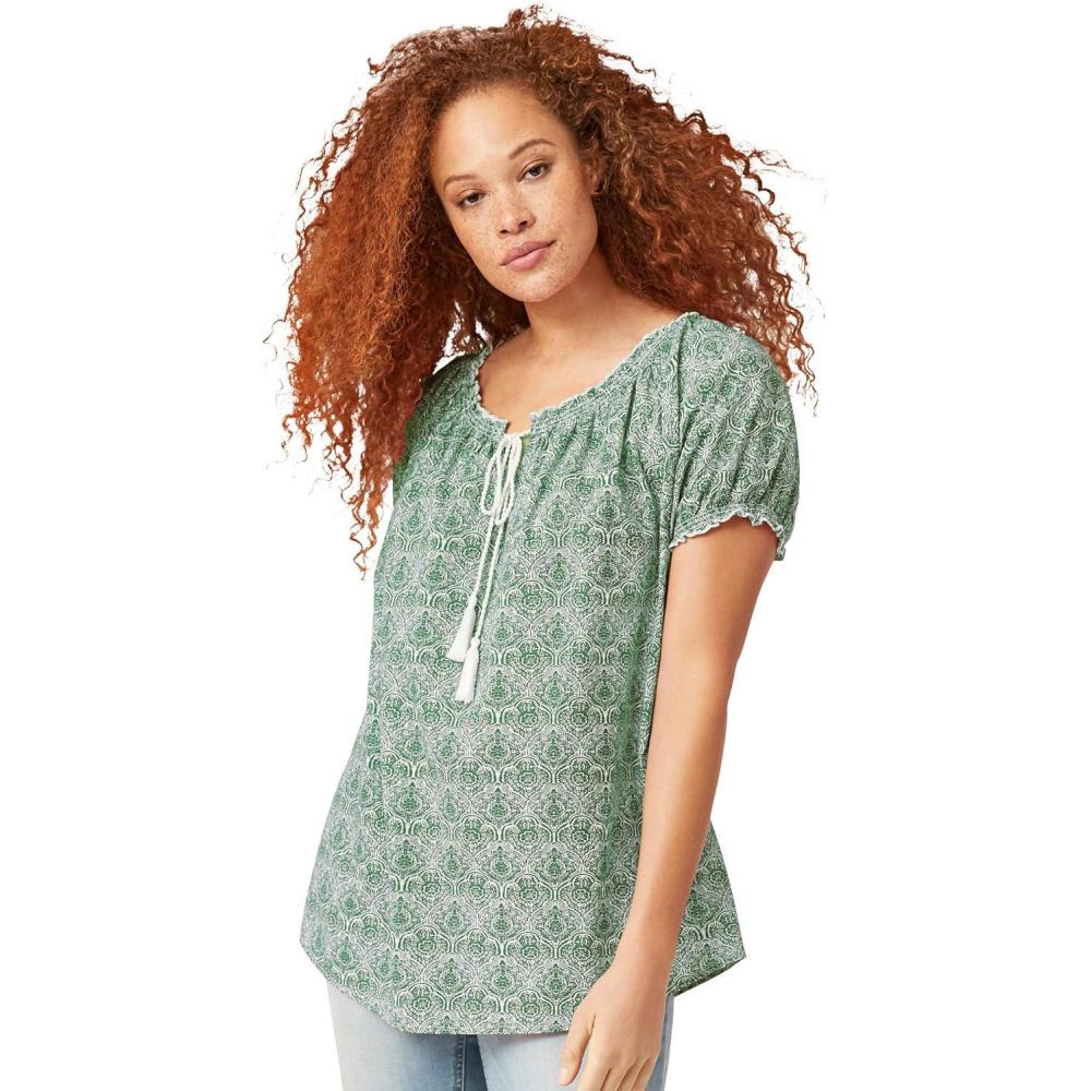 image:imageellos Plus Size ALine Scoop Neck Ruffle Trim 100 Cotton Cambric Peasant BlouseTropical Green Medallion
